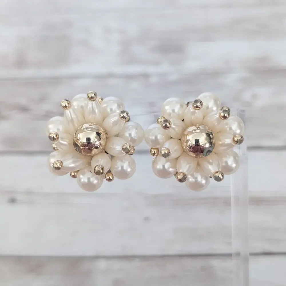 Vintage Clip On Earrings Large 3D Cream & Gold Tone